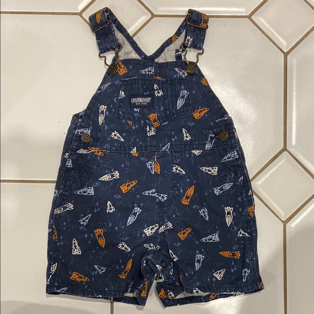 OshKosh B'gosh Navy Rocket Print Cotton Baby Overalls Size 3-6 months